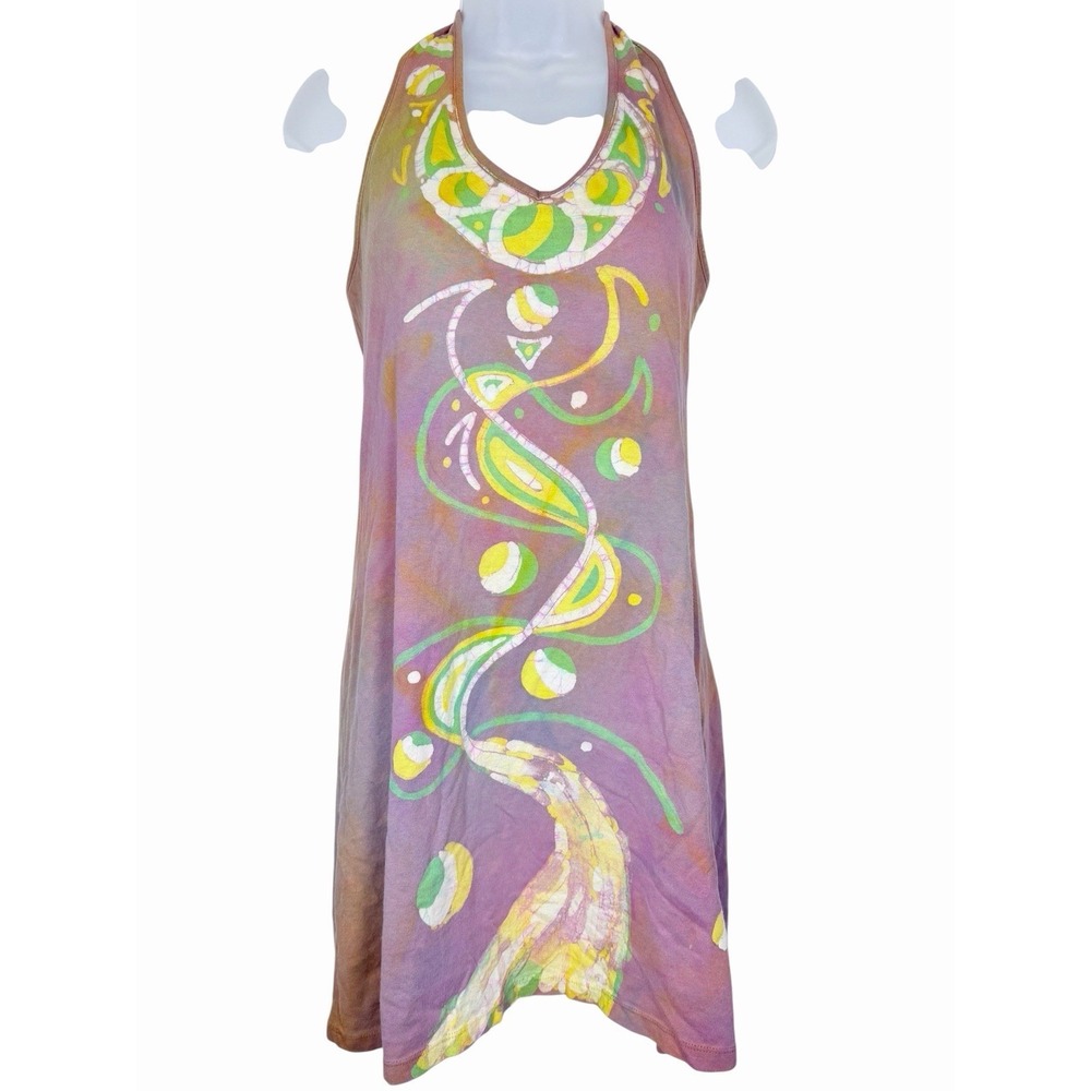 Vintage Y2K Handmade Batik Halter Mini Dress 100% Cotton‎ Boho Festival Artsy S